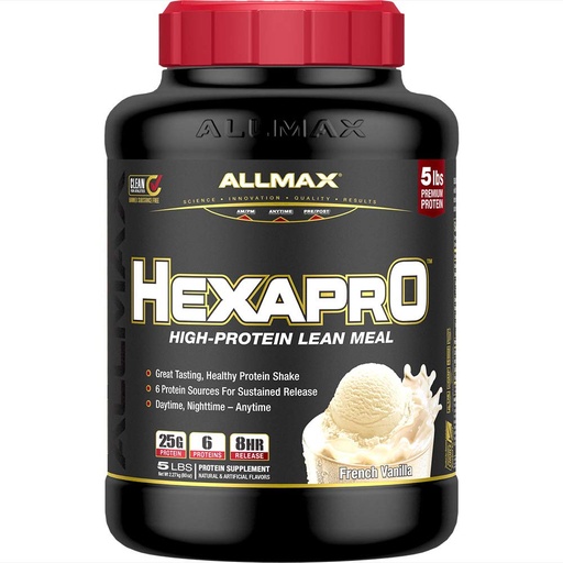 [BRSWYZQBBUJQIFLG] ALLMAX HEXAPRO, French Vanilla - 5 lb - 25 Grams of Protein Per Serving - 8-Hour Sustained Release - Zero Sugar - 52 Servings