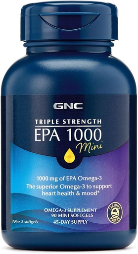 [BRSWGHT6AEIQ2FI7] GNC Triple Strength Fish Oil EPA 1000 Mini, 1000mg Omega 3, Mini Softgels, Supports Eye, Brain, Skin, Healthy Triglycerides, Heart, Joint, Coated to Control Fishy Burps, 45 Servings