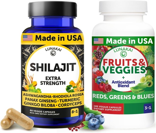 [BRSRAGAPBMHAOHTA] Lunakai USA Made Shilajit & Superfood Fruits & Veggies, Ashwagandha, Rhodiola, Cordyceps və Enerji üçün 4 Mix