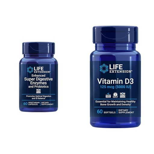 [BRSRAYYYPMNGGGY6] Life Extension 60-Count Super Digestive Enzymes & 5000 IU Vitamin D3 Capsules for Digestion, Bone, Brain, Immune Health