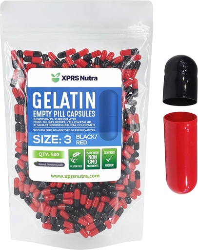 [BRSWYZL4CIAQIA3L] XPRS Nutra Size 3 Empty Capsules - 500 Count Empty Gelatin Capsules - Pills DIY Capsule Filling - Pure Bovine Pill Gel Caps Fillable Do-It-Yourself Vitamins and Supplements (Black/Red)