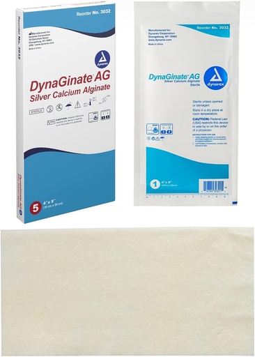 [BRSWIB3YBNYAEAAV] Dynarex DynaGinate AG Silver Calcium Alginate Dressings - 4"x8", Calcium Alginate Wound Dressing with Silver Ions, 1 Case of 50 DynaGinate AG Dressings - 4"x8" - 1 Box of 5