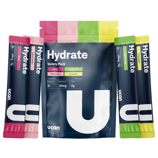 [BRSRA2QKCEHGKYA6] UCAN Hydrate Electrolyte Drink Mix (Variety Pack, 12 Stickpacks) Sugar-Free, Keto-Friendly, Vegan, Non-GMO, Gluten-Free Electrolyte Powder with Potassium & Magnesium for Runners & Athletes