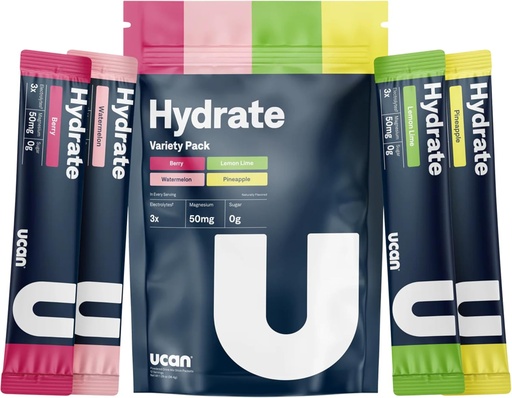 [BRSRA2QKCEHGKYA6] UCAN Hydrate Electrolyte Drink Mix (Variety Pack, 12 Stickpacks) Sugar-Free, Keto-Friendly, Vegan, Non-GMO, Gluten-Free Electrolyte Powder with Potassium &amp; Magnesium for Runners ' Athletes