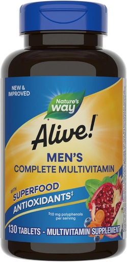 [BRSW2ZYYAAIBSEL6] Nature's Way Alive! Men's Complete Daily Multivitamin, Supports Energy Metabolism & Muscle Function*, with B-Vitamins, Gluten Free, 130 Tablets (Packaging May Vary)