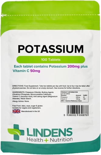 [BRSWKH36OZ6RGETE] Potassium, 100 Tablets, 200mg, Blood Pressure, Cramp