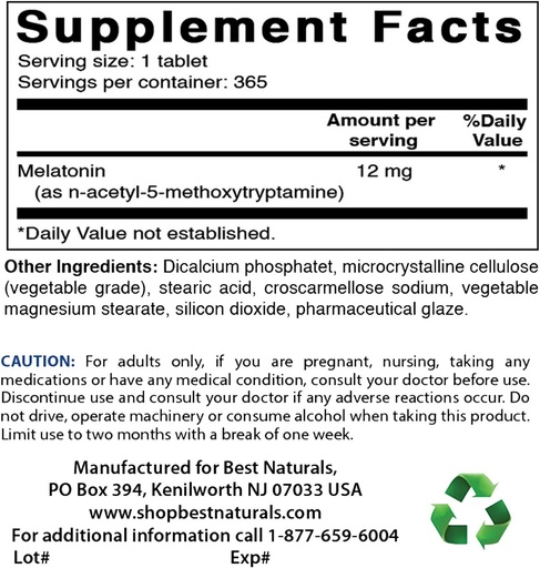 [BRSRMBDQOIIAIYDA] Best Naturals Melatonin 12 mg & Biotin 10,000 Mcg