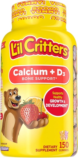 [BRSWIZT3OICBUEDY] L’il Critters Calcium + D3 Daily Gummy Supplement for Kids, for Bone Support, Orange, Strawberry and Cherry Flavors, 150 Gummies