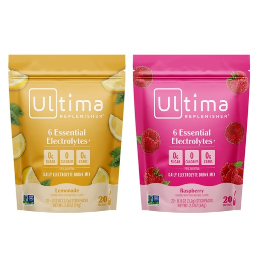 [BRSROFA2BMIAIADK] Ultima Replenisher Electrolyte Powder Drink Mix Bundle – Sukkerfri – Lemonade og bringebær, 20 Stickpacks – 6 Elektrolytter og mineraler – ketovennlig, vegansk, ikke-GMO