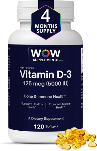 [BRSRAGD4AUDRGDI2] WOW Suppléments Vitamine D3 5000 UI Softgels, 125 mcg - Vitamine D3 5000IU Supplément pour os forts et soutien immunitaire - Vitamine D 5000 UI sans gluten - VIT D3 5000 UI Softgels - 120 Compte