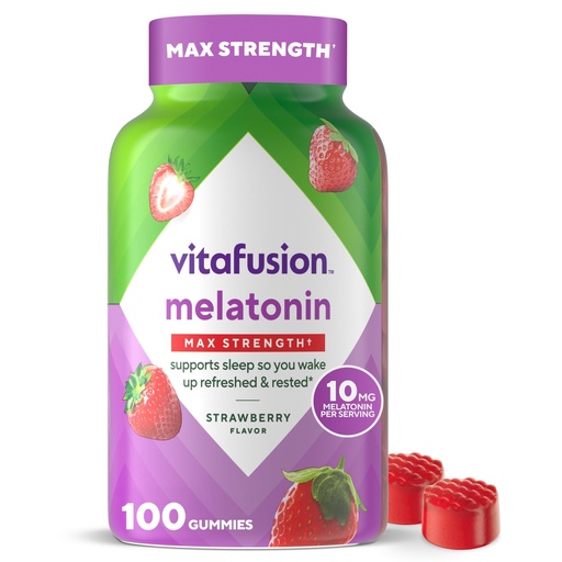 [BRSWGAQPOINBU3DP] vitafusion Max Strength 10 mg Melatonin Gummies, Strawberry Flavored, Adult Melatonin Gummy Vitamin Supplement, 100 Count, 50 Day Supply
