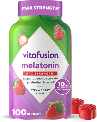[BRSWGAQPOINBU3DP] vitafusion Max Strength 10 mg Melatonin Gummies, Strawberry Flavored, Adult Melatonin Gummy Vitamin Supplement, 100 Count, 50 Day Supply