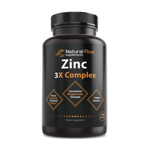 [BRSRM2T7CNYQYCI3] Zinc Supplement Complex with Copper and Vitamin C - Natural Flow 3X Zinc Carnosine, Bisglycinate Chelate, and Orotate, Chelated Copper, Easy on The Stomach, Skin and Immune Support, 120 Capsules