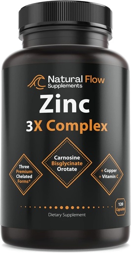 [BRSRM2T7CNYQYCI3] Zinc Supplement Complex with Copper and Vitamin C - Natural Flow 3X Zinc Carnosine, Bisglycinate Chelate, and Orotate, Chelated Zinc Copper, Easy on The Stomach, Skin and Immune Support, 120 Capsules