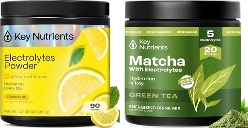 [BRSRAHA5AQGRU2DX] KEY NUTRIENTS Deal Bundle - Lemonade Electrolytes Powder (90 Servings) + Matcha Powder with Electrolytes for Hydration and Energy (20 Servings)