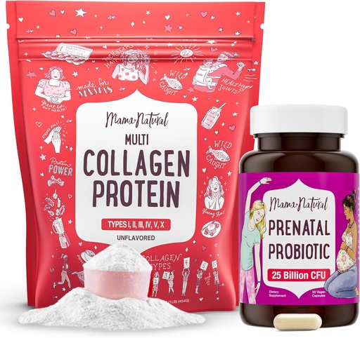 [BRSROEAFDMBQ2G3V] Mama Natural Prenatal Probiotic & Multi Collagen Protein Bundle - 25 Billion CFU & 11g hydrolyzed Collagen peptides for Pregnancy, Hair, Skin, Nails & Digestive Health Support