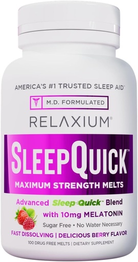 [BRSROAA2OJ7GEDTH] Relaxium Sleep Quick Maximum Strength Melts, Fast Acting Sleep Aid with 10 mg Melatonin, Drug Free Dietary Supplement, Vegan, Gluten Free, Made in USA, 100 Servings, Berry Flavor