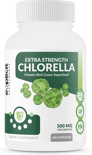 [BRSW2BT6OQJWACAZ] eXplicit Supplements Extra Strength Chlorella Superfood Capsules Broken Cell Wall High Potency Vegan Super Food, 1000mg Daily - 60 Capsules