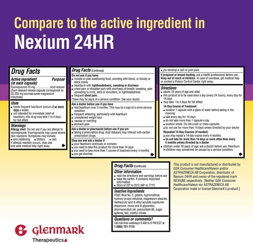 [BRSROA32CMJQKC3L] Glenmark Terapeutics Esomeprazol magneziu USP 20 mg, capsule cu eliberare întârziată, tratează frecvent arsuri la stomac, 42 capsule
