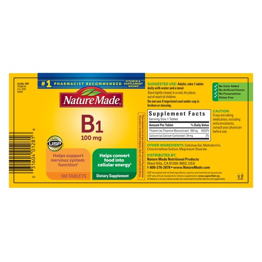 [BRSWIYQOAR5R623I] Nature Made Vitamin B1 100mg, Thiamine B1 Supplement for Energy Metabolism Support, 100 Tablets, 100 Day Supply