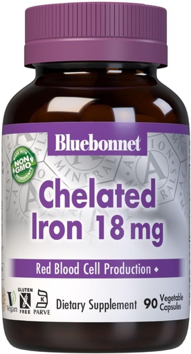 [BRSWIY33B4PBE3DC] Bluebonnet Nutrition Chelated Iron 18 mg - ferro non costipante - Soy-Free, senza glutine, non OGM, Kosher Certificato, Dairy-Free, Vegan - 90 Capsule vegetali, 90 Serve