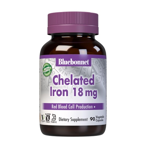 [BRSWIY33B4PBE3DC] Bluebonnet Nutrition Chelated Iron 18 mg - non-constipating Iron - Soy-Free, Gluten-Free, Non-GMO, Kosher Certified, Dairy-Free, Vegan - 90 Vegetable Capsules, 90 Servings
