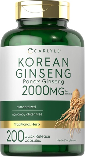 [BRSROCAPPJ5B42Q2] Carlyle Korean Ginseng Extract Capsules 2000 mg | 200 kapsulak | GMO eta Gluten Free Formula | Standardized Panax Ginseng Supplement