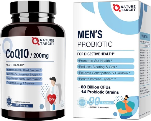 [BRSRMYANOQMWKE3O] NATURE TARGET Probiotics for Men 60 Billion CFUs14 Strains & CoQ10 200mg Softgels with PQQ Antioxidant for Heart-Health and Energy Production