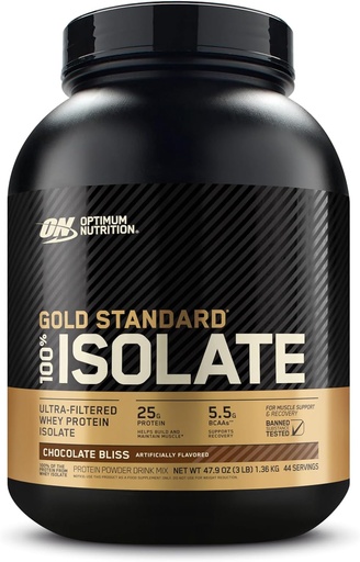 [BRSWGFLRAECGO23B] Optimum Nutrition Gold Standard 100% Izolat, Pulbere de proteine, Bliss ciocolată, 3 Lire, 44 Servings. Izolat de proteine (Packing May Vary)