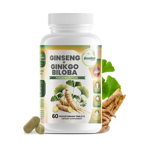 [BRSWKEYOB4CWMC32] GreeNatr Ginko Biloba & Panax Ginseng Supplement - Red Ginseng Brain Supplement for Memory and Focus - Ginkgo Biloba Supplements for Good Vision, Immune System and Improved Blood Flow - 60 Tablets