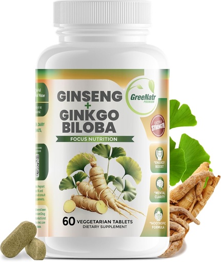 [BRSWKEYOB4CWMC32] GreeNatr Ginko Biloba &amp; Panax Ginseng Supplement - Red Ginseng Brain Supplement for Memory and Focus - Ginkgo Biloba Supplements for Good Vision, Immune System and Improved Blood Flow - 60 Tablets