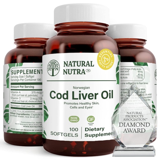 [BRSWGELRA4FQI2QZ] Natural Nutra Norwegian Cod Liver Oil Supplement, Helps to Maintain Skin, Helps Maintain Body Density, Eye Health & Nerve Function, Promotes Dental Health, Supports Cardiovascular Health, 100 Softgels