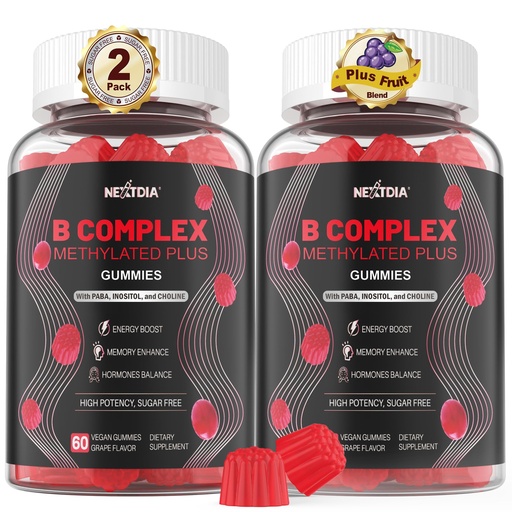 [BRSRAFL4BAMQ2CT7] Nextdia Brain & Mood Support Gummies, Super Vitamin B Complex for Men & Women, All B Vitamin B1 B2 B3 B5 B6 B7 Folate MethyB12 with PABA, Inositol, Choline, Supports MTHFR Gene & Energy, Vegan, 120Ct