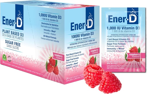 [BRSRMAAQBEBA22DV] Ener-D Sugar Free Multivitamin Drink Mix - Vitamina D3 Powder for Water, Electrolytes Powder No Sugar, Hydration Boost Packets, Zero Sugar, Vitamina D3 Suplemento Liquid Mix - Raspberry, 24 Cuenta