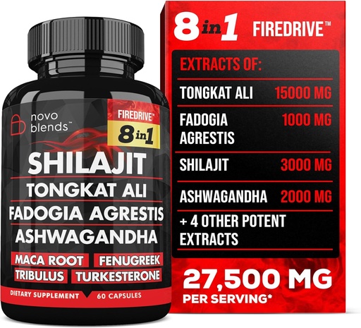 [BRSROFINOJYRQFDF] Shilajit 3000mg Tongkat Ali 15 000mg Fadogia Agrestis 1000mg Maca Root 2000mg Ashwagandha 4000mg Fenugreek 1500mg Tribulus Terrestris 500mg Turkesterone 500mg, 8-in-1 täydennysosa Blend miehille