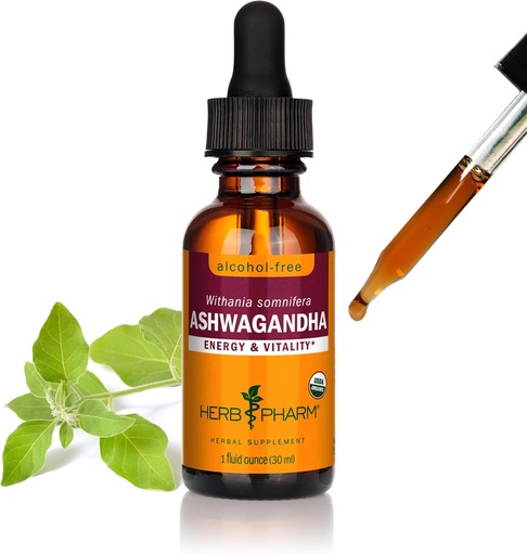 [BRSWGGIZBUMAY2AU] Herb Pharm Organic Ashwagandha Liquid Extract, Alcohol-Free: Mood Support Supplement, Vegan Ashwagandha Root Glycerite, Tasty Non-Bitter Adaptogen Extract for Adults, Non-GMO, 1 Oz