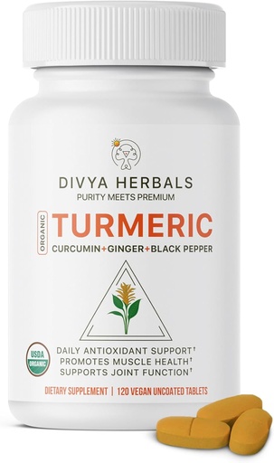 [BRSRAFA3OYMRYCY3] Organic Turmeric & Ginger + Black Pepper - 100% Pure Whole Roots, Unprocessed, Uncoated, Authentic Ayurvedic Blend - Supports Joint Health & Immunity – 120 Vegan Tabs