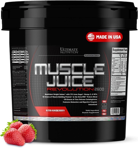 [BRSWIYA2CABWEHIZ] Ultimate Nutrition Muscle Juice 2600 Revolução, Peso Ganhar bebida Mix - massa Gainer exercício em pó suplemento para crescimento muscular Lean & Recuperação com 56g mistura de proteína - morango, 11.105lb