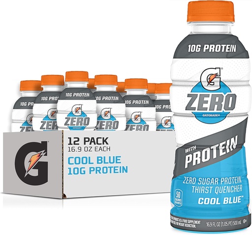 [BRSWYAYYCV5WYF3L] Gatorade Zero With Protein, 10g Whey Protein Isolate, Zero Sugar, vegetarian, Liquid Electrolytes, Cool Blue, 16.9 Fl Oz Bottle, 12 Pack