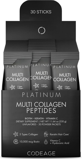 [BRSRMBADBYMB4DYY] Codeage Multi Collagen and Biotin 10 000 mcg + Vitaminas C, B6 & D3, keratinas, hialurono rūgštis, niacinas, 18 Amino rūgštys - lipdukų pakuotės Priedas - 5 Tipai Collagen proteinas - 30 miltelių pakuotės