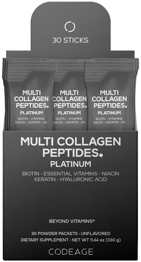[BRSRMBADBYMB4DYY] Codeage Multi Collagen and Biotin 10,000 mcg + Vitamin C, B6 & D3, Keratin, Hyaluronic Acid, Niacin, 18 Amino Acids - Stick Packs Supplement - 5 Types Collagen Protein – 30 Powder Packets