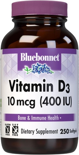 [BRSWIYQZBQJR2234] Bluebonnet Beslenme Vitamin D3 400 IU Softgels, Kas ve Skeletal Büyümede Yardımcılar, Balık Yağından Cholecalciferol, Gluten Ücretsiz, Soy Free, Süt Free, 250 Softgels