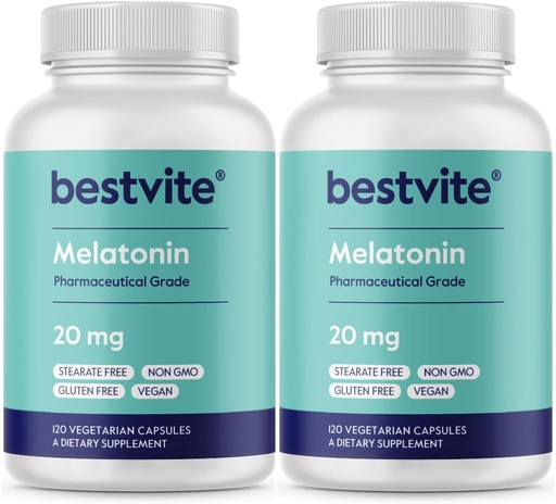[BRSWY2YYPN6GAHIV] BESTVITE Melatonin 20mg (240 cápsulas vegetarianas) (120 x 2) - No Stearates - Vegan - No GMO - Gluten Gratis