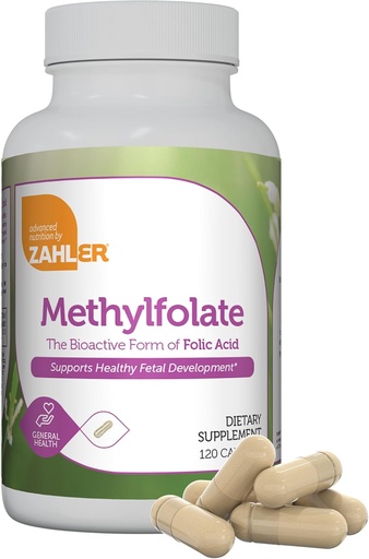 [BRSROYDRB4NRQ3A2] Zahler Methylfolate - Supports Healthy Fetal Development and Genetic Health - Methylated Folic Acid from 1000 mcg DFE L-Methylfolate - Kosher Non GMO Methyl Folate Supplement for Women (120 Capsules)
