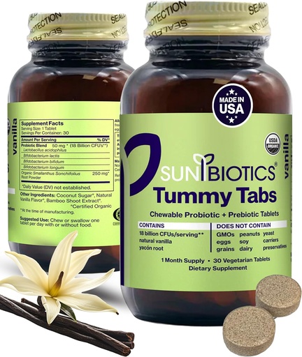 [BRSWIB32OQAAO23A] SUNBIOTICS Tummy Tabs - Chewable Probiotic and Prebiotic Tablets with 18 Billion CFUs of 4 Probiotic Strains for Good Gut Flora, Immune System, & Balanced Microbiome - Vanilla, (Pack of 1)