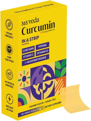 [BRSROAA3DMPQECQU] Turmeric Curcumin Strips from Turmeric Root Extract, Piperine, Vitamina C, Vitamina K2, Non GMO, Sugar Free, May Support Liver - 30 Oral Strips (Orange)