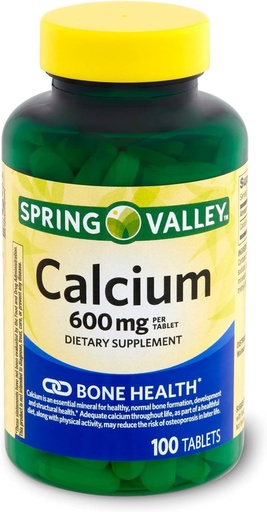 [BRSRAEIECJ4AOET3] Calcio de Valle de Primavera 600 mg, Tablas Suplemento dietético, Salud de Hueso, 100 Cuenta +