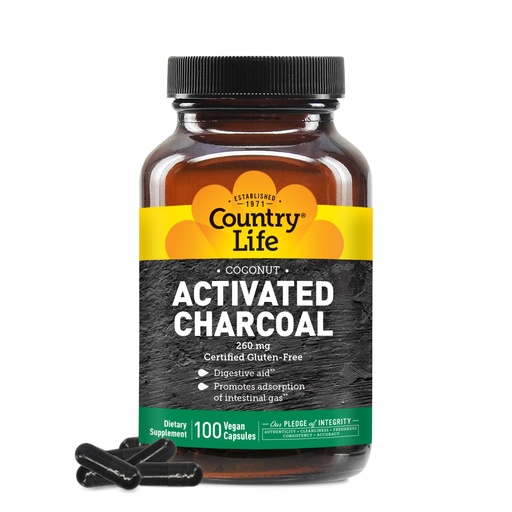 [BRSWIYA4BMMRUH36] Country Life Coconut Activated Charcoal Capsules, 260mg – Natural Charcoal Supplement for Gas and Bloating Relief - Gluten-Free, 100 Vegan Capsules