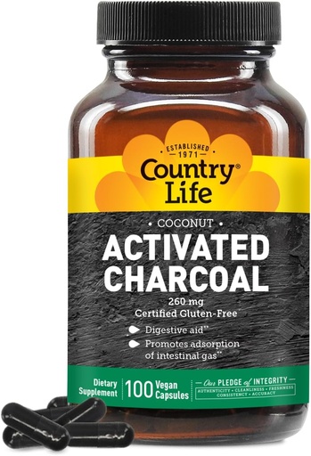 [BRSWIYA4BMMRUH36] Country Life Coconut Activated Charcoal Capsules, 260mg – Natural Charcoal Supplement for Gas and Bloating Relief - Gluten-Free, 100 Vegan Capsules