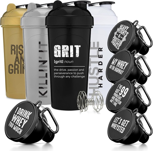 [BRSRA2YKOEHBYFL5] GOMOYO Fitness Bundle - 4-Pack Shaker Bottles with Agitator + 5-Pack Protein Funnels with Carabiner, BPA-Free & Dishwasher Safe